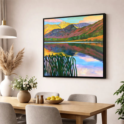Vibrant Sunset Over Elterwater lake district lake wall art displayed in a dining room
