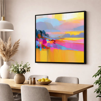 Magenta and Gold Valley Mist lake district sky wall art displayed in a dining room