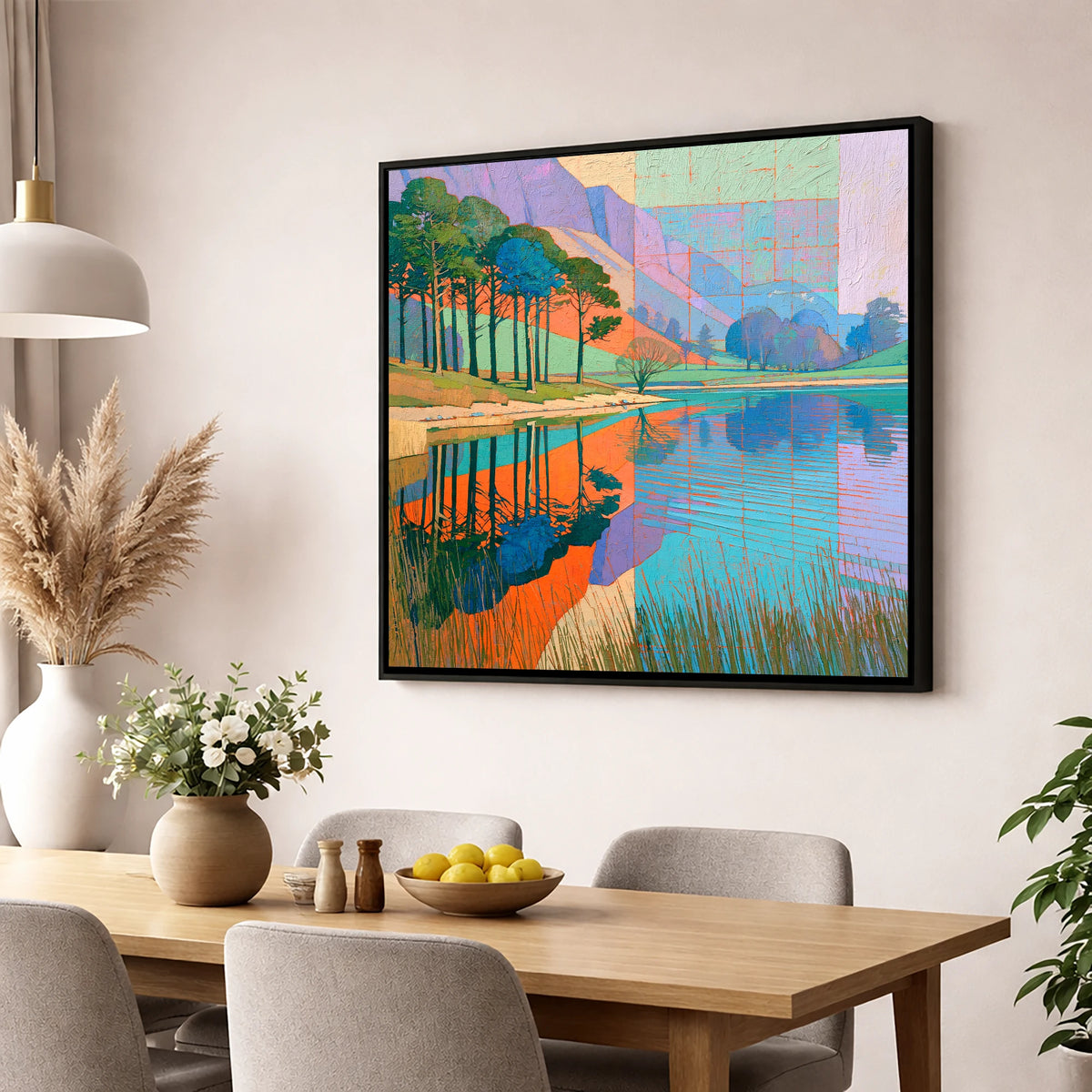 Bold Pine Tree Reflections lake district lake wall art displayed in a dining room