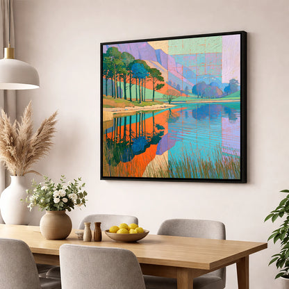 Bold Pine Tree Reflections lake district lake wall art displayed in a dining room