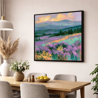 Vibrant Heather Fellside at Sunset flowers & fellsides wall art displayed in a dining room