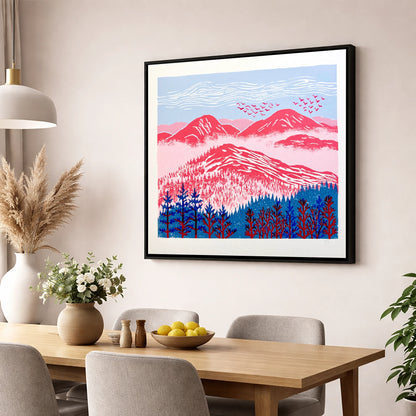 Red Misty Mountain Ridge lake district fell wall art displayed in a dining room