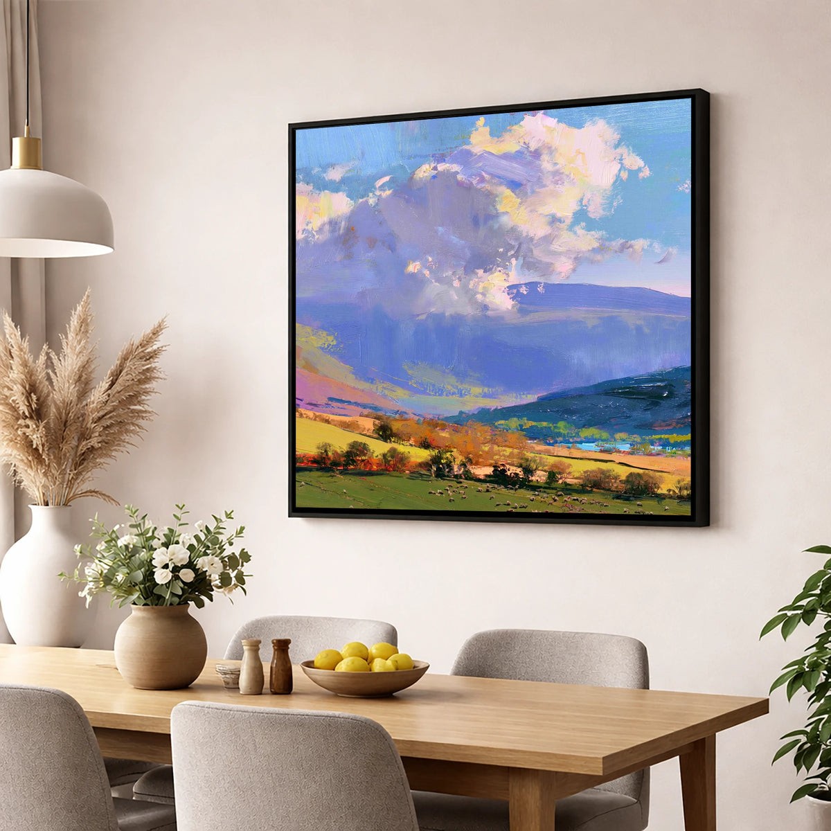 Vibrant Fells Under Dramatic Cloud lake district fell wall art displayed in a dining room