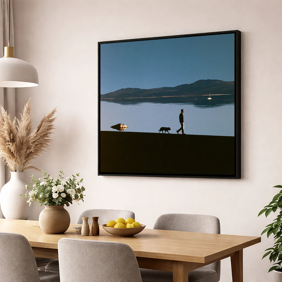 Windermere Dog Walk Silhouette gifts for dog walkers wall art displayed in a dining room