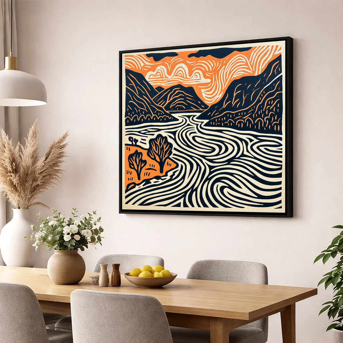 Ullswater in Terracotta and Navy lake district lake wall art displayed in a dining room
