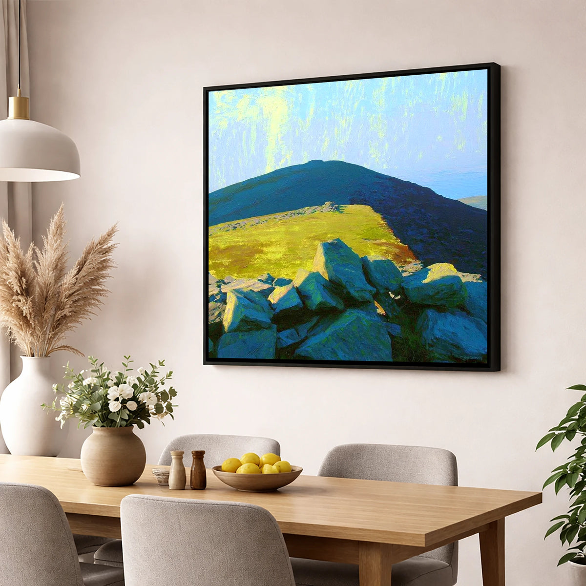 Sunlit Ridge on Gavel Fell lake district fell wall art displayed in a dining room