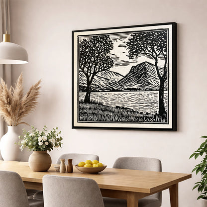Monochrome Crummock Water Fells lake district lake wall art displayed in a dining room