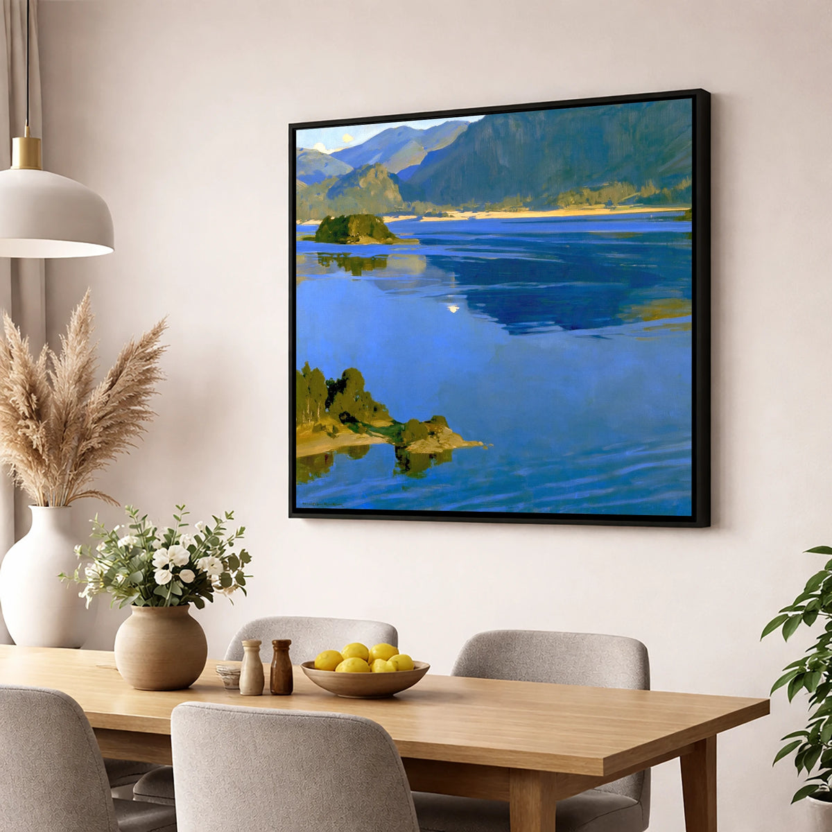 Deep Blue Derwentwater and Catbells lake district lake wall art displayed in a dining room