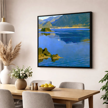 Deep Blue Derwentwater and Catbells lake district lake wall art displayed in a dining room