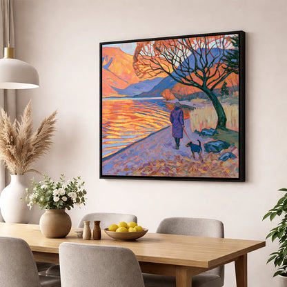 Sunset Dog Walk at Ullswater gifts for dog walkers wall art displayed in a dining room