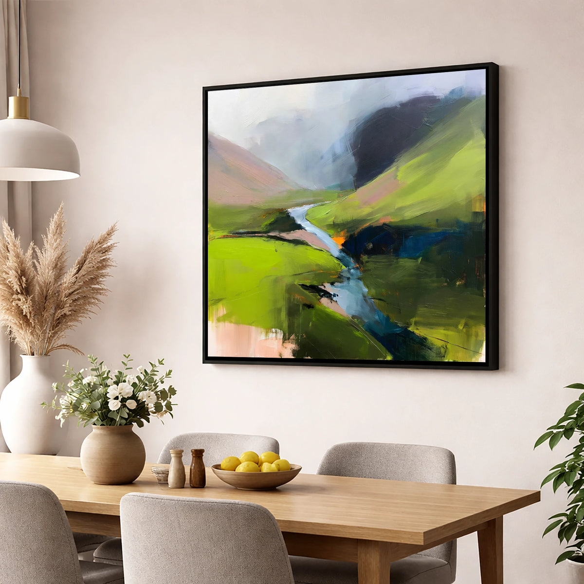 Winding River and Vibrant Fells lake district waterfall wall art displayed in a dining room
