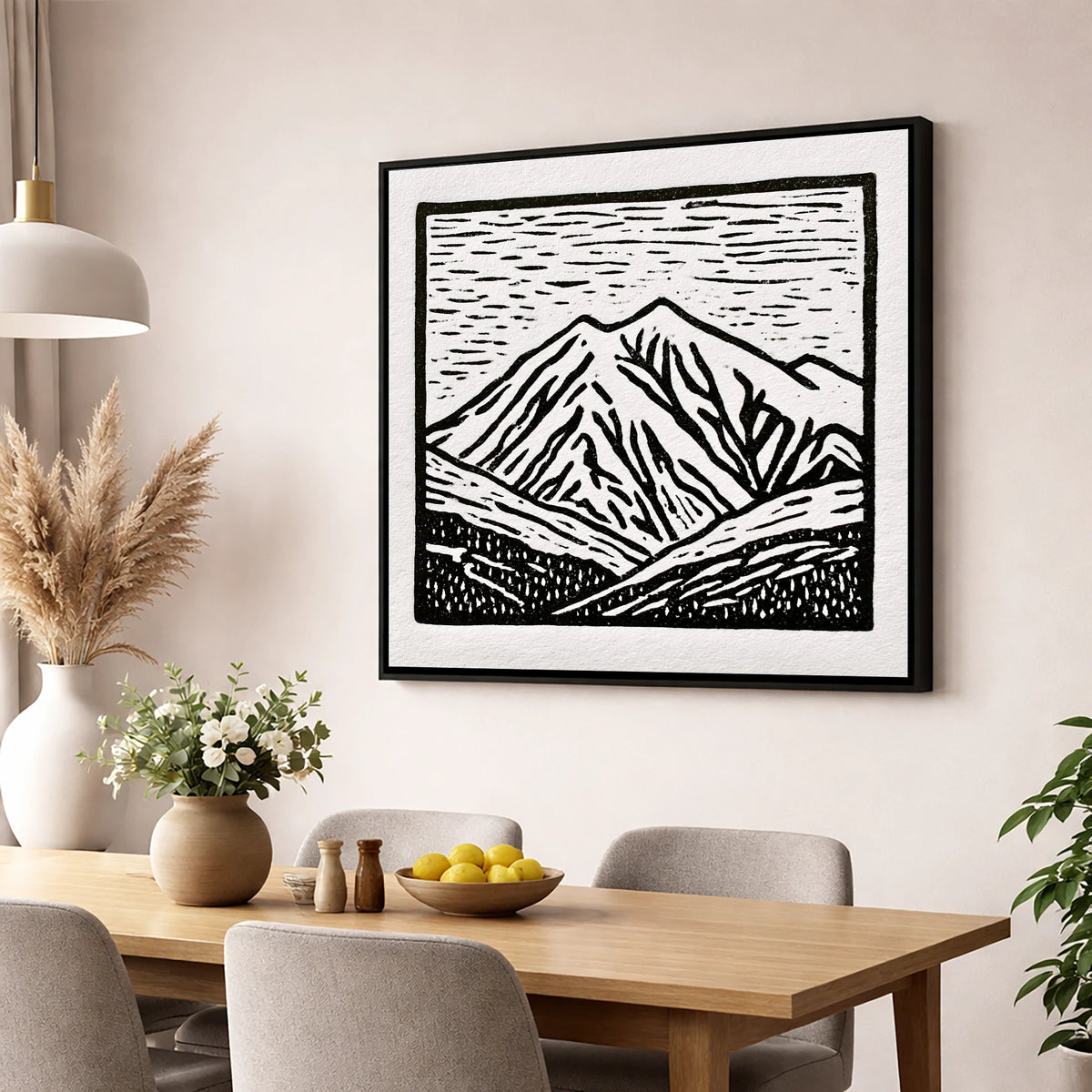 Skiddaw Peak in Graphic Monochrome lake district fell wall art displayed in a dining room