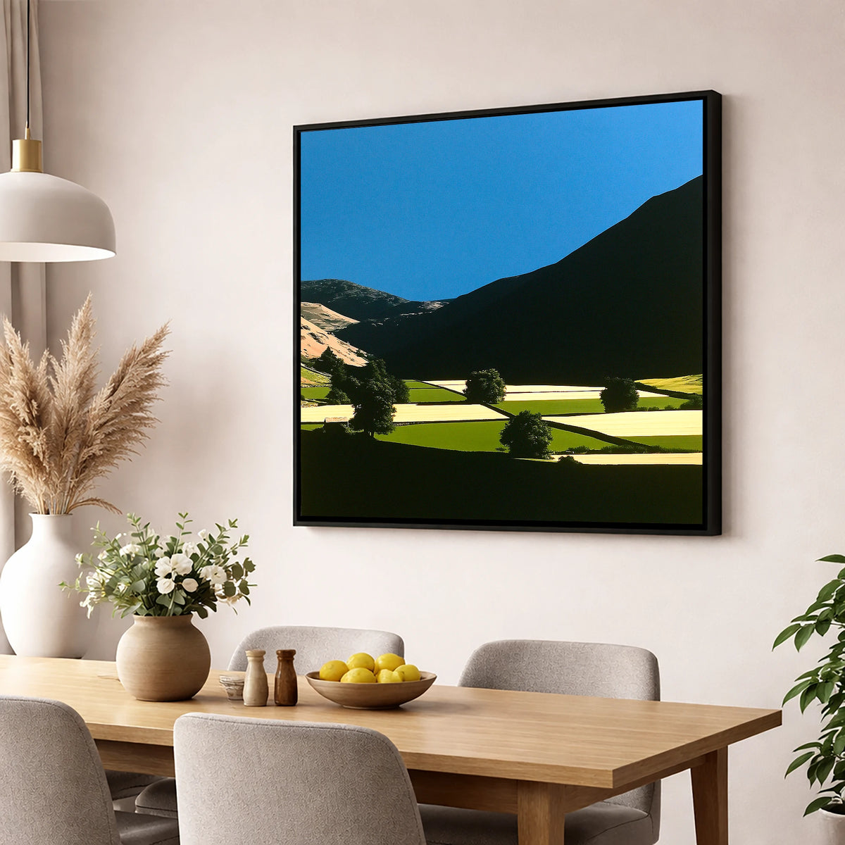 Dale Patchwork in Deep Shadow lake district valley wall art displayed in a dining room