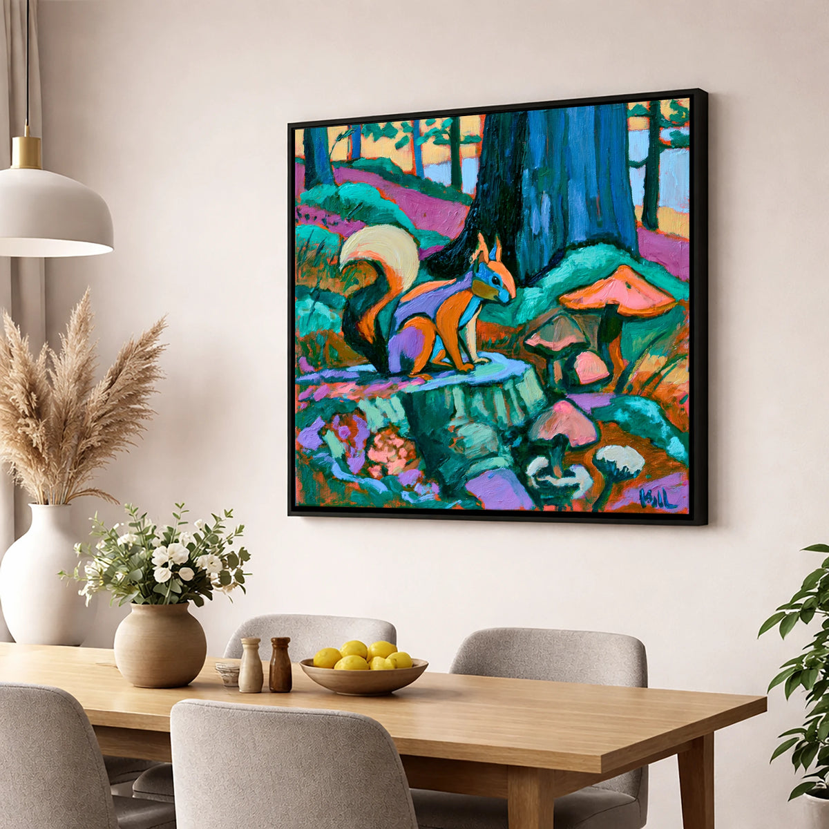 Red Squirrel in Vivid Woodland lake district wildlife wall art displayed in a dining room