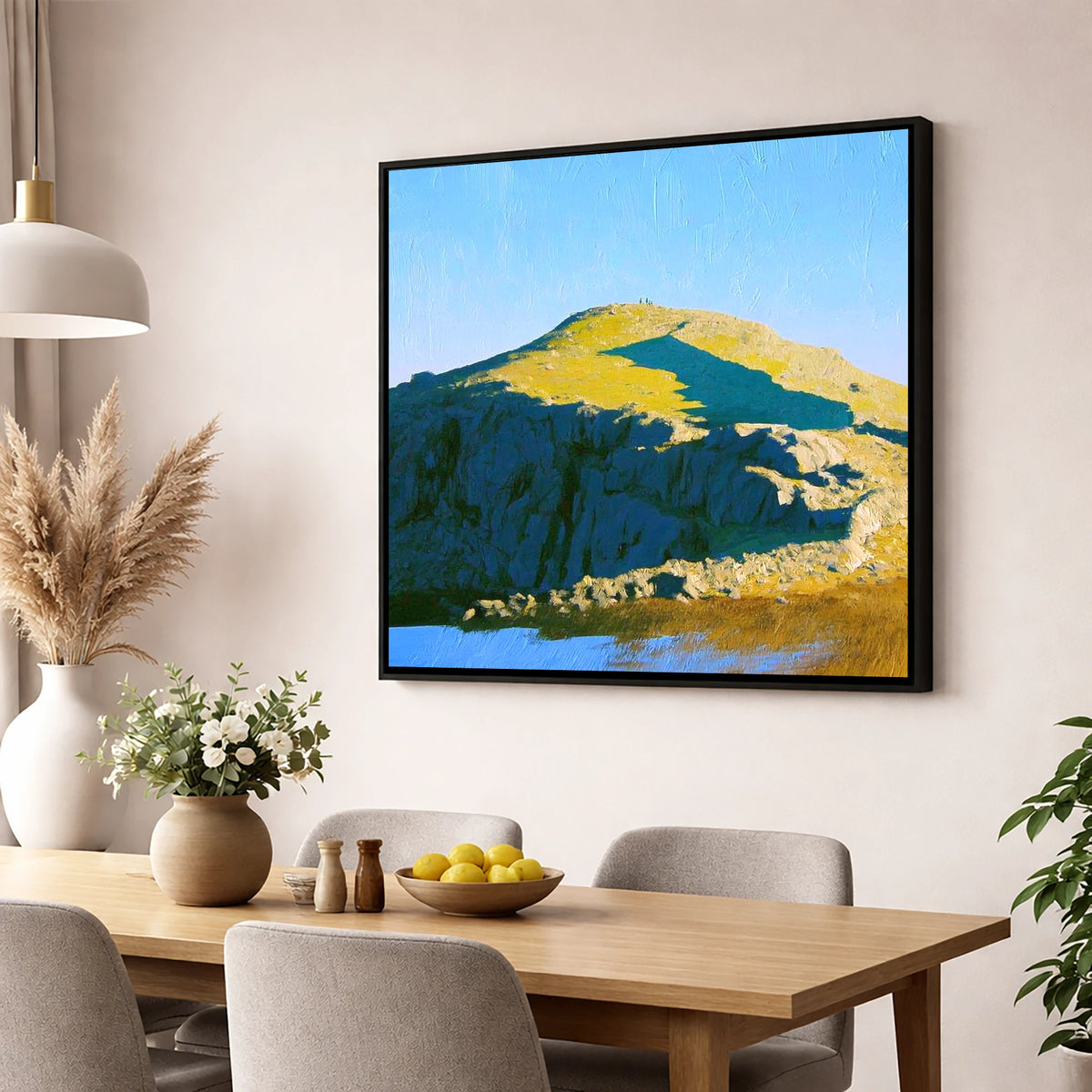 Sunlit Crags on Sergeant Man lake district fell wall art displayed in a dining room