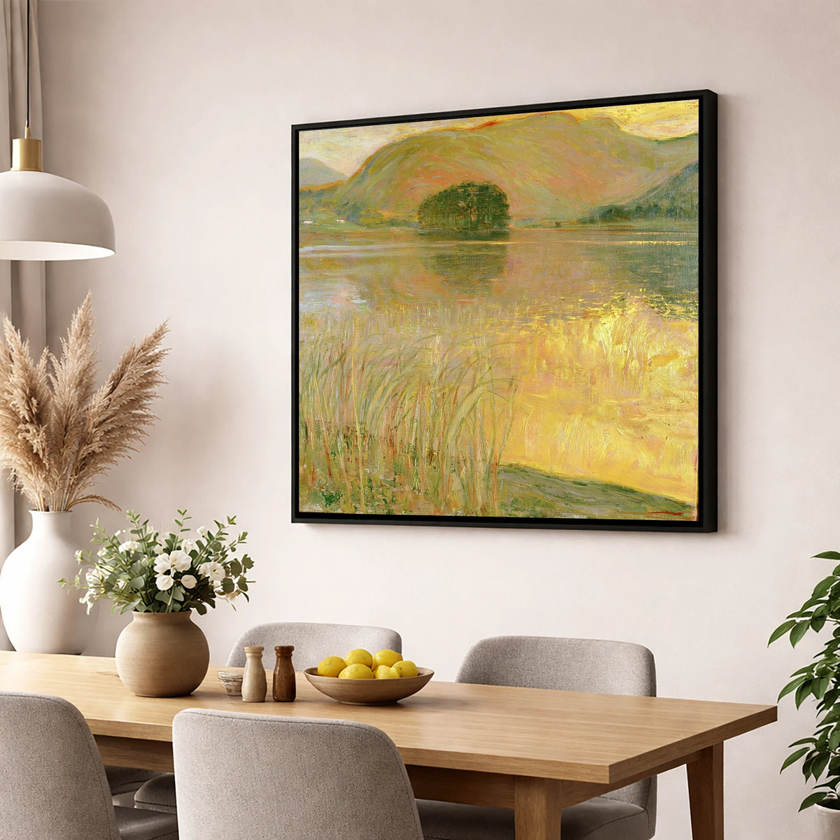 Golden Waters of Grasmere Island lake district lake wall art displayed in a dining room