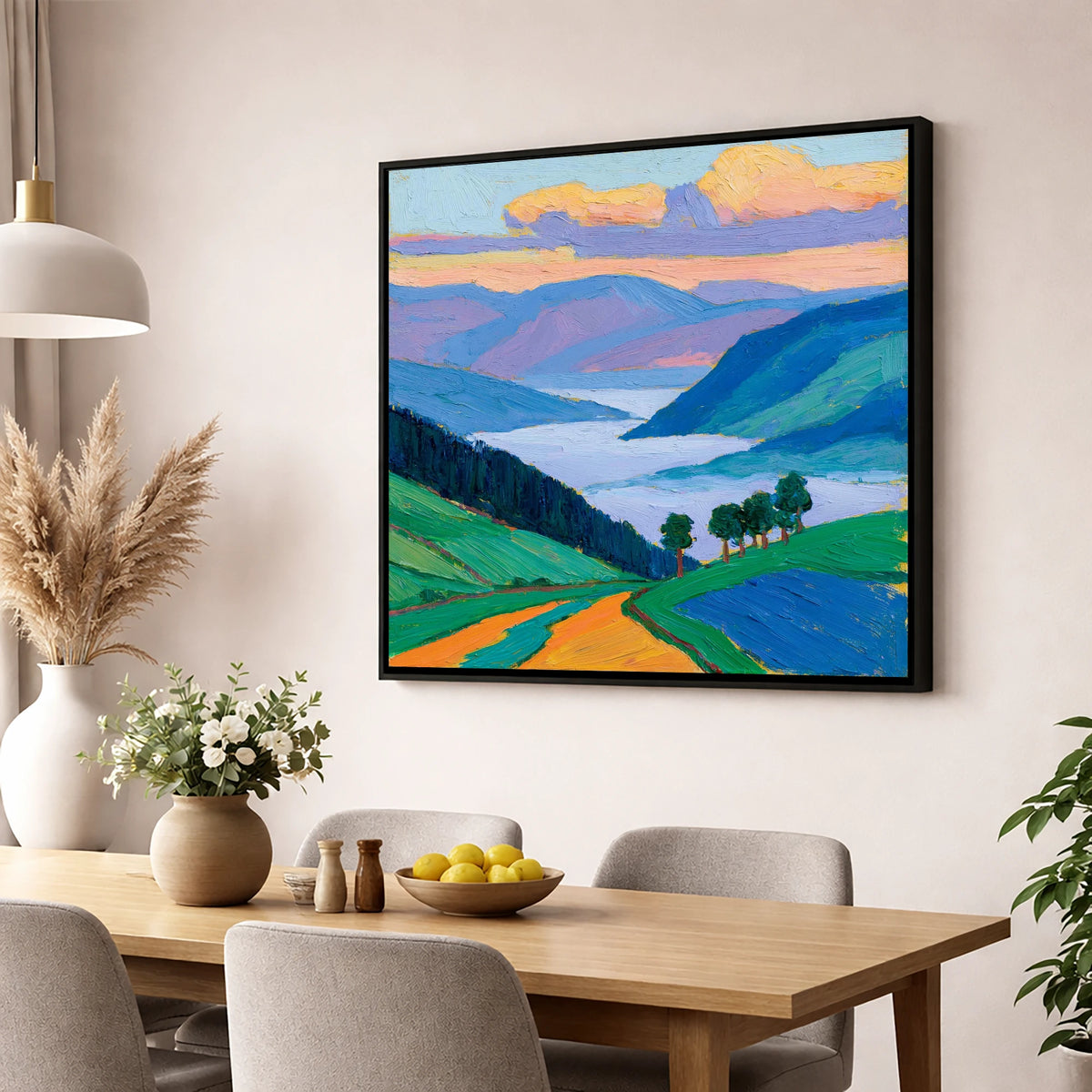 Morning Mist Over Vibrant Valley lake district sky wall art displayed in a dining room
