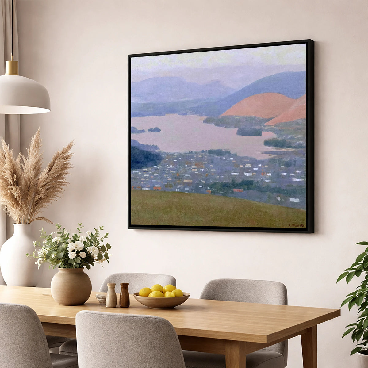 Keswick and Derwentwater Pastel Dusk lake district village wall art displayed in a dining room