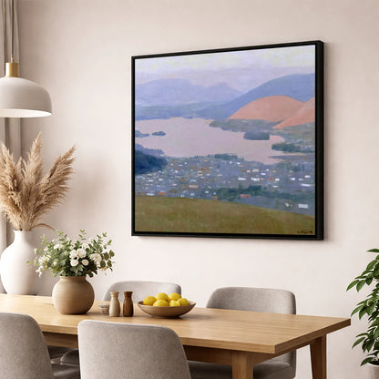 Keswick and Derwentwater Pastel Dusk lake district village wall art displayed in a dining room