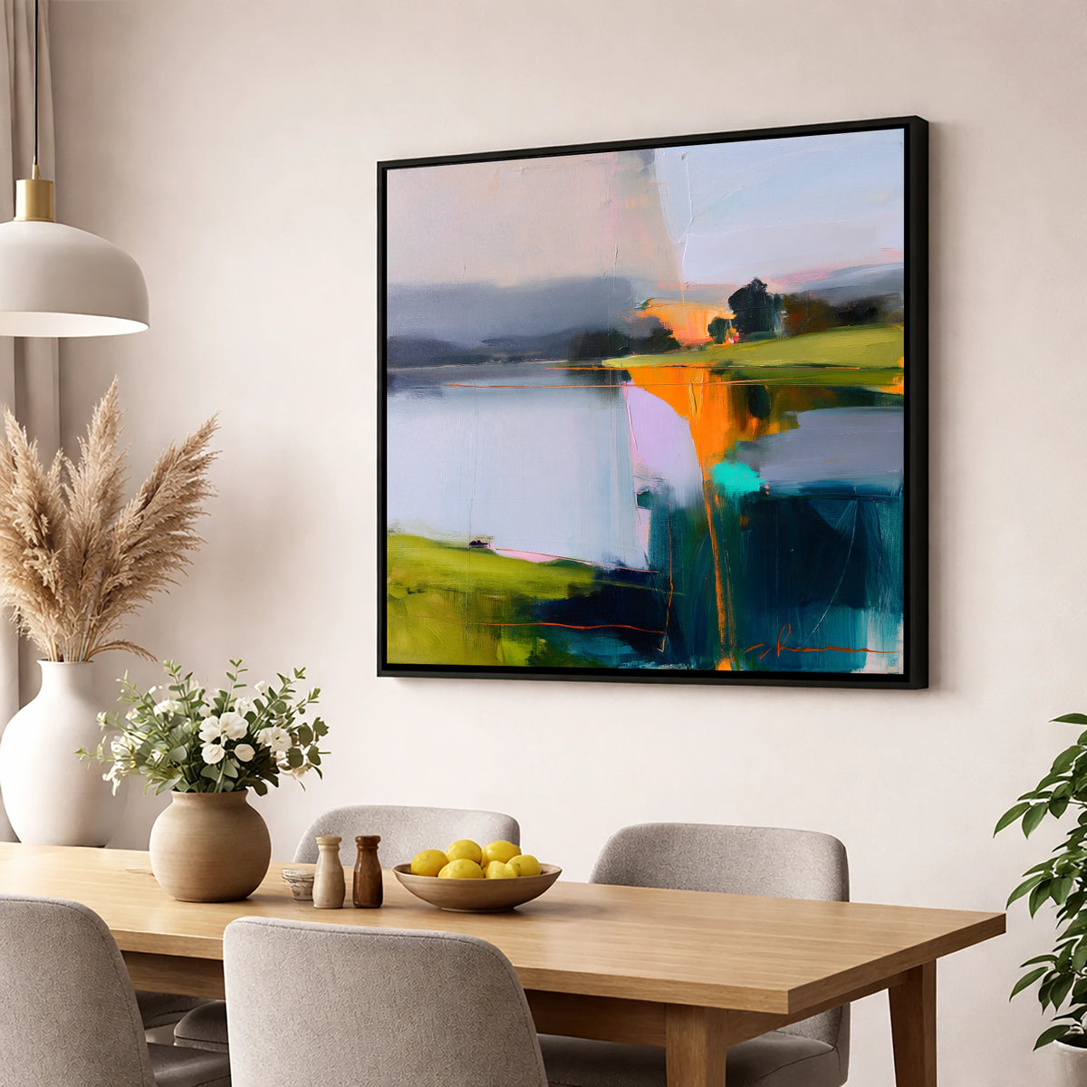 Vibrant Dawn on Still Lake lake district lake wall art displayed in a dining room