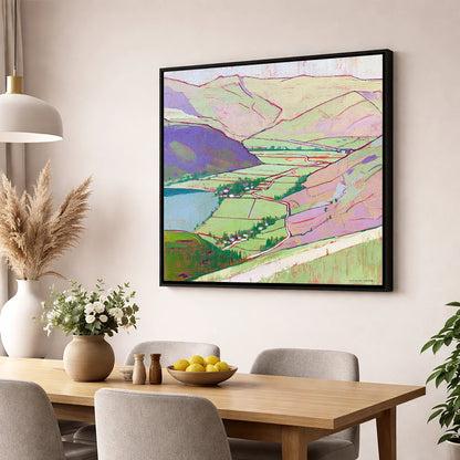 Vibrant Patterdale From Place Fell lake district village wall art displayed in a dining room