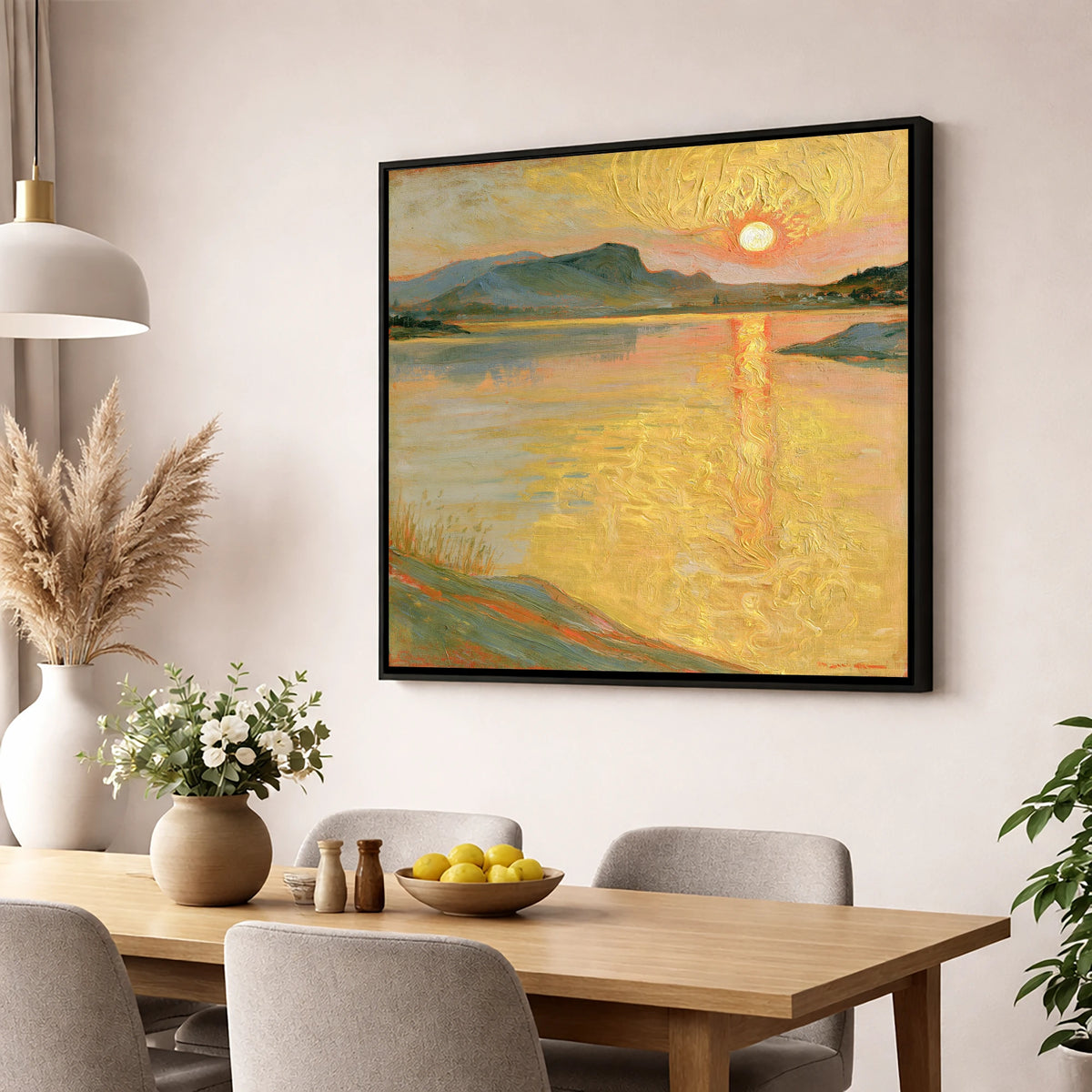 Golden Sunset Over the Lake lake district lake wall art displayed in a dining room