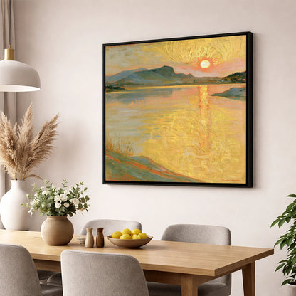 Golden Sunset Over the Lake lake district lake wall art displayed in a dining room