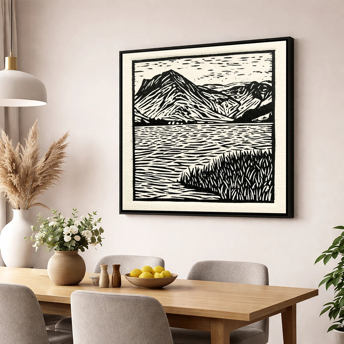 Monochrome Buttermere and Fells lake district lake wall art displayed in a dining room