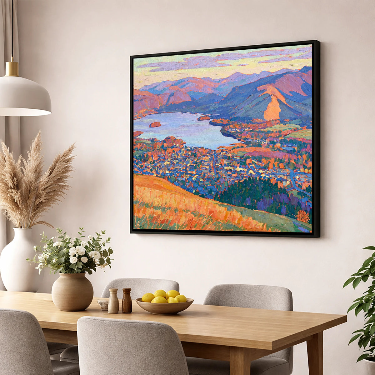 Vibrant Keswick and Derwentwater lake district village wall art displayed in a dining room