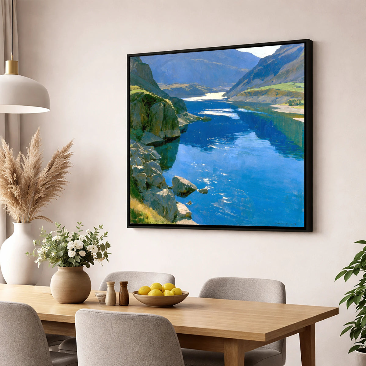 Brilliant Blue Lake and Fells lake district lake wall art displayed in a dining room