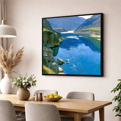 Brilliant Blue Lake and Fells lake district lake wall art displayed in a dining room
