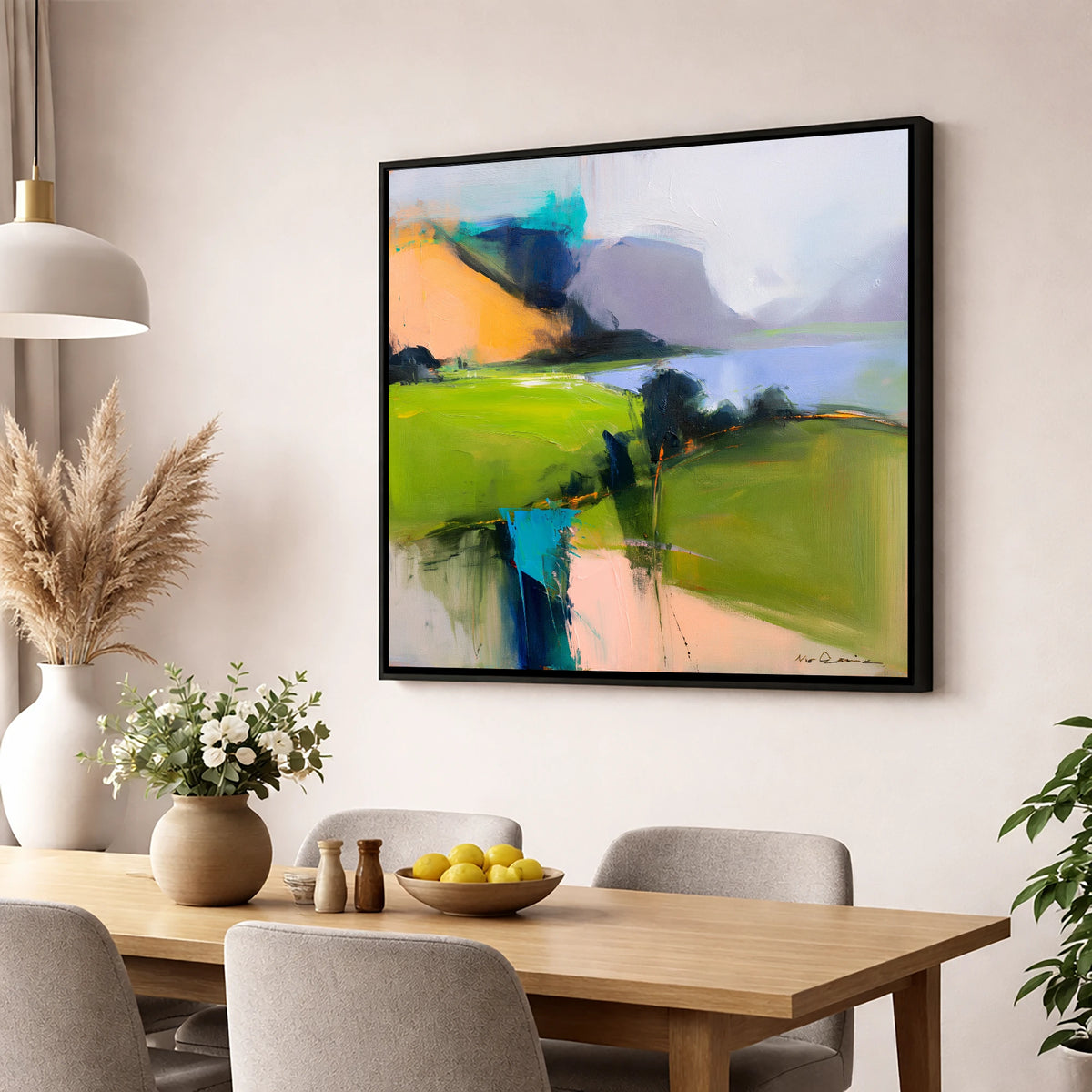 Vivid Green Valley Between Fells lake district valley wall art displayed in a dining room