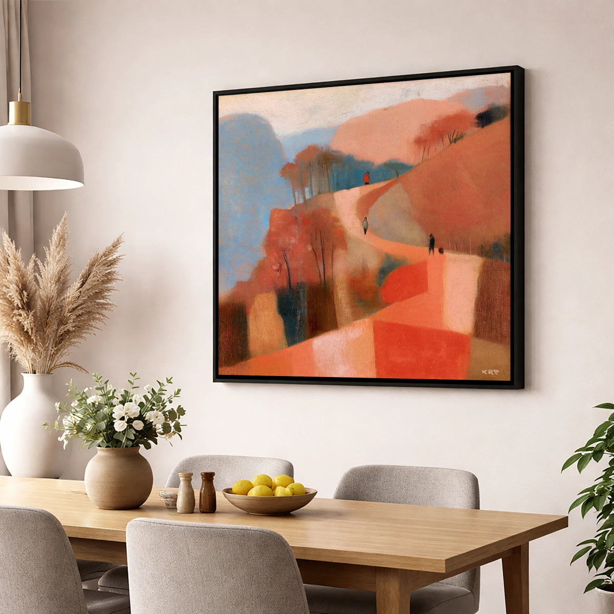 Terracotta Mountain Path Walkers lake district walking wall art displayed in a dining room