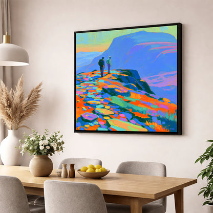 Colourful Fell Top Hikers lake district fell wall art displayed in a dining room