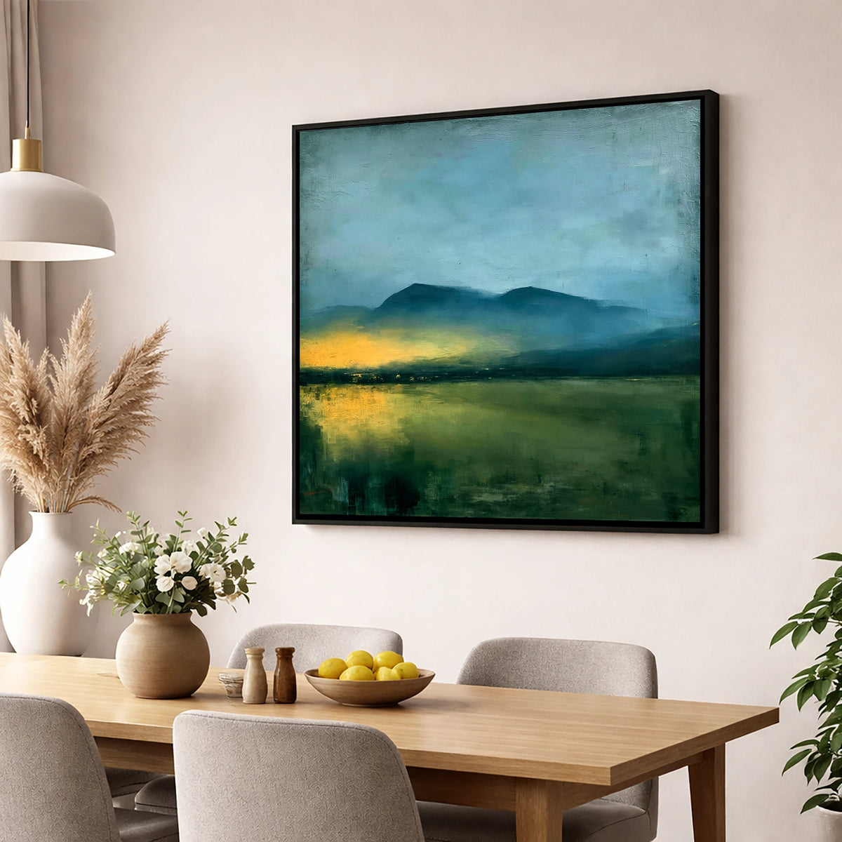 Golden Mist Below Dark Fells lake district sky wall art displayed in a dining room