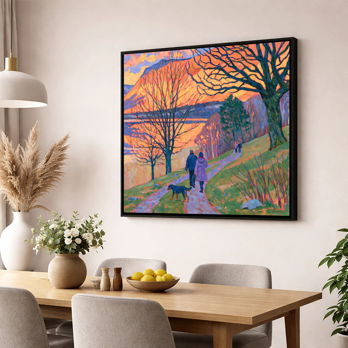 Vibrant Sunset Dog Walk Keswick gifts for dog walkers wall art displayed in a dining room
