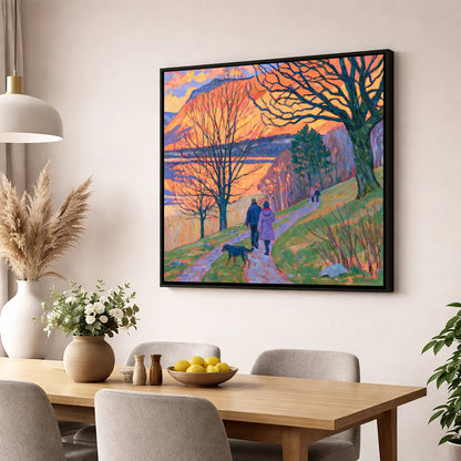 Vibrant Sunset Dog Walk Keswick gifts for dog walkers wall art displayed in a dining room