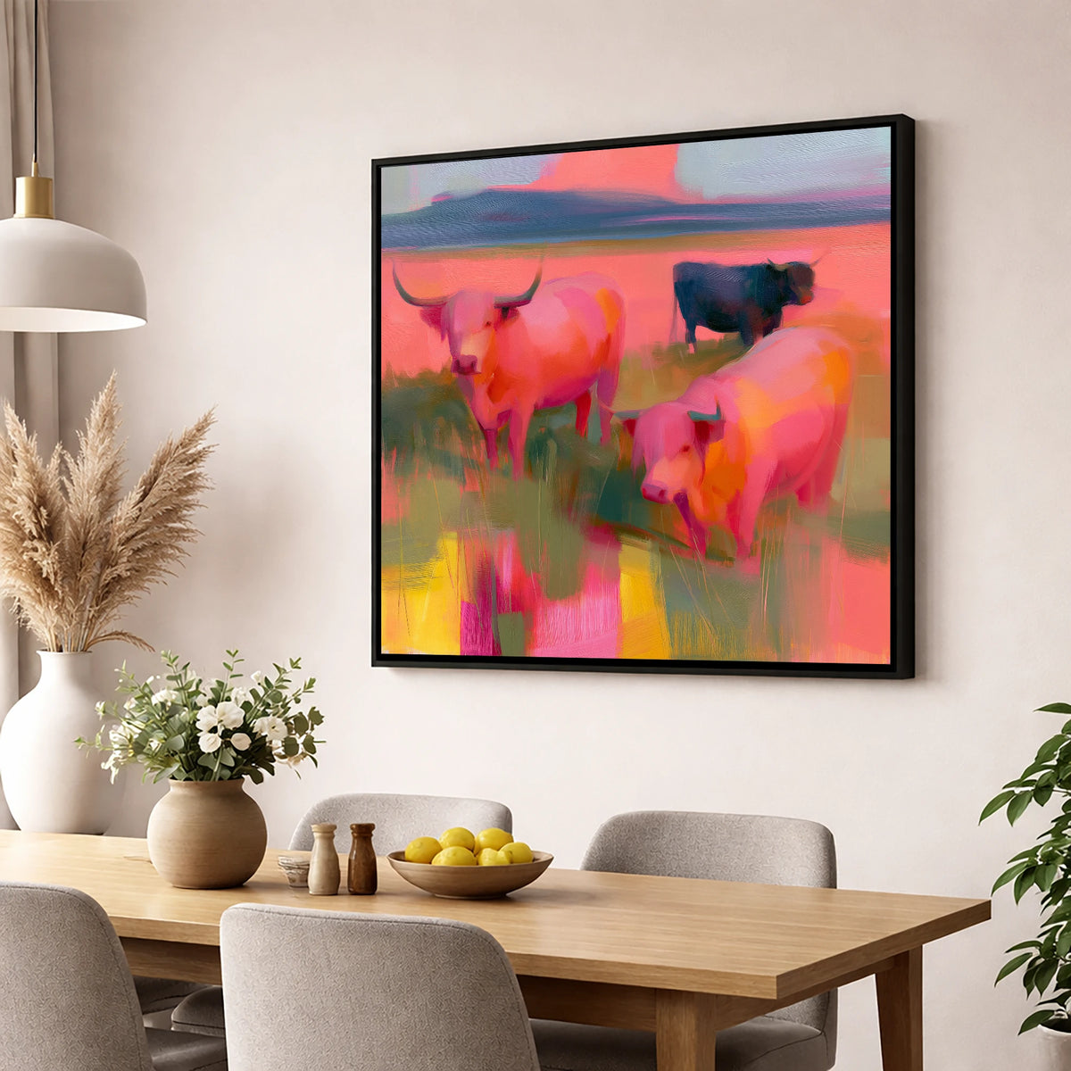 Pink Highland Cattle Grazing lake district wildlife wall art displayed in a dining room