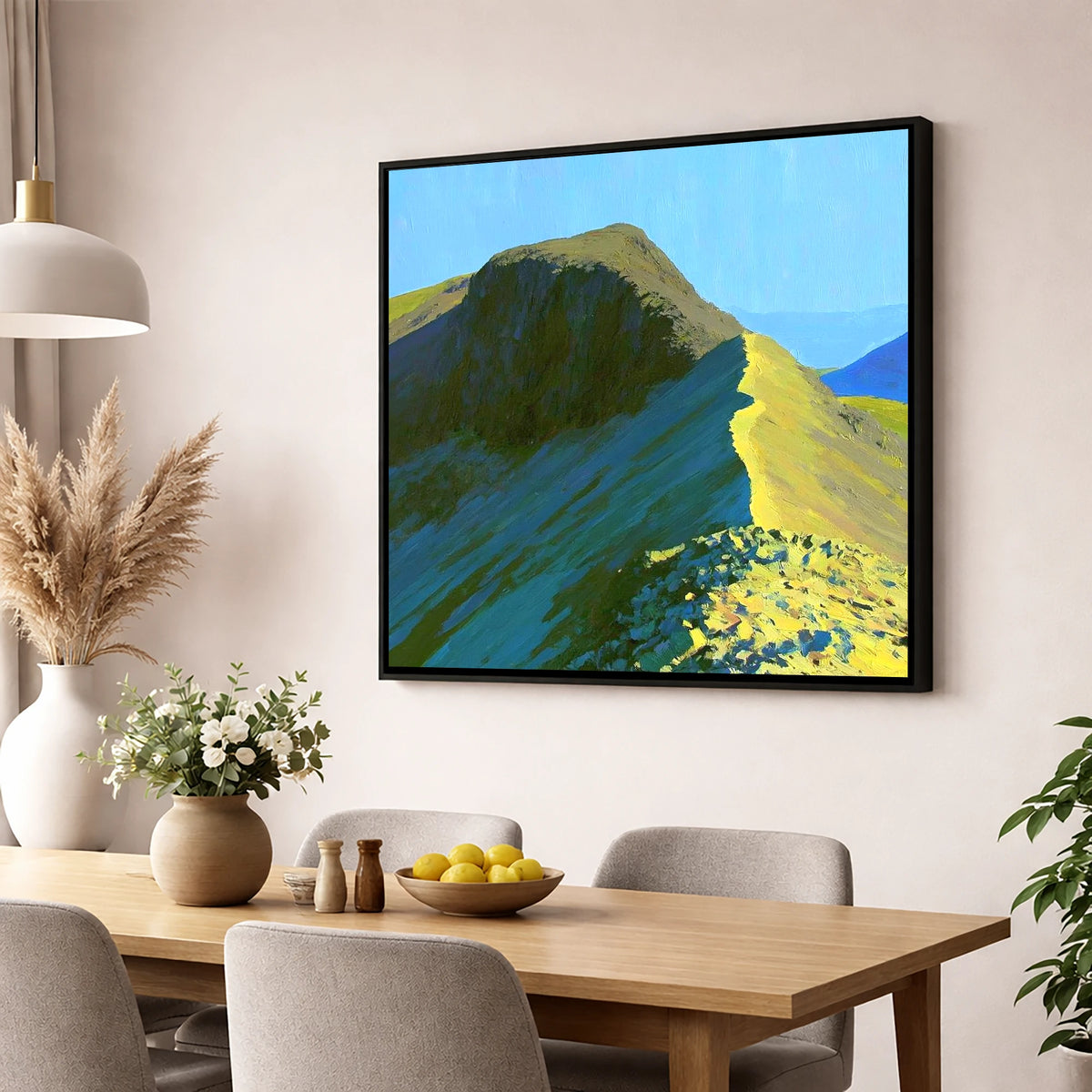 Sunlit Bowfell Ridge Path lake district fell wall art displayed in a dining room