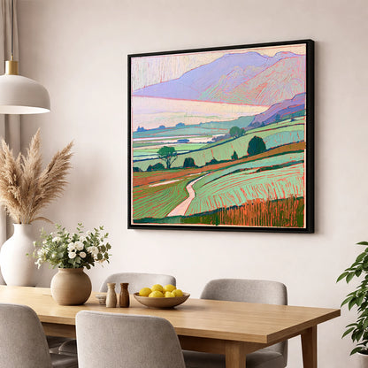 Pastel Mist Over Valley Fields lake district sky wall art displayed in a dining room