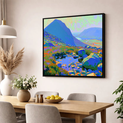 Vibrant Haystacks and Rocky Tarn lake district fell wall art displayed in a dining room