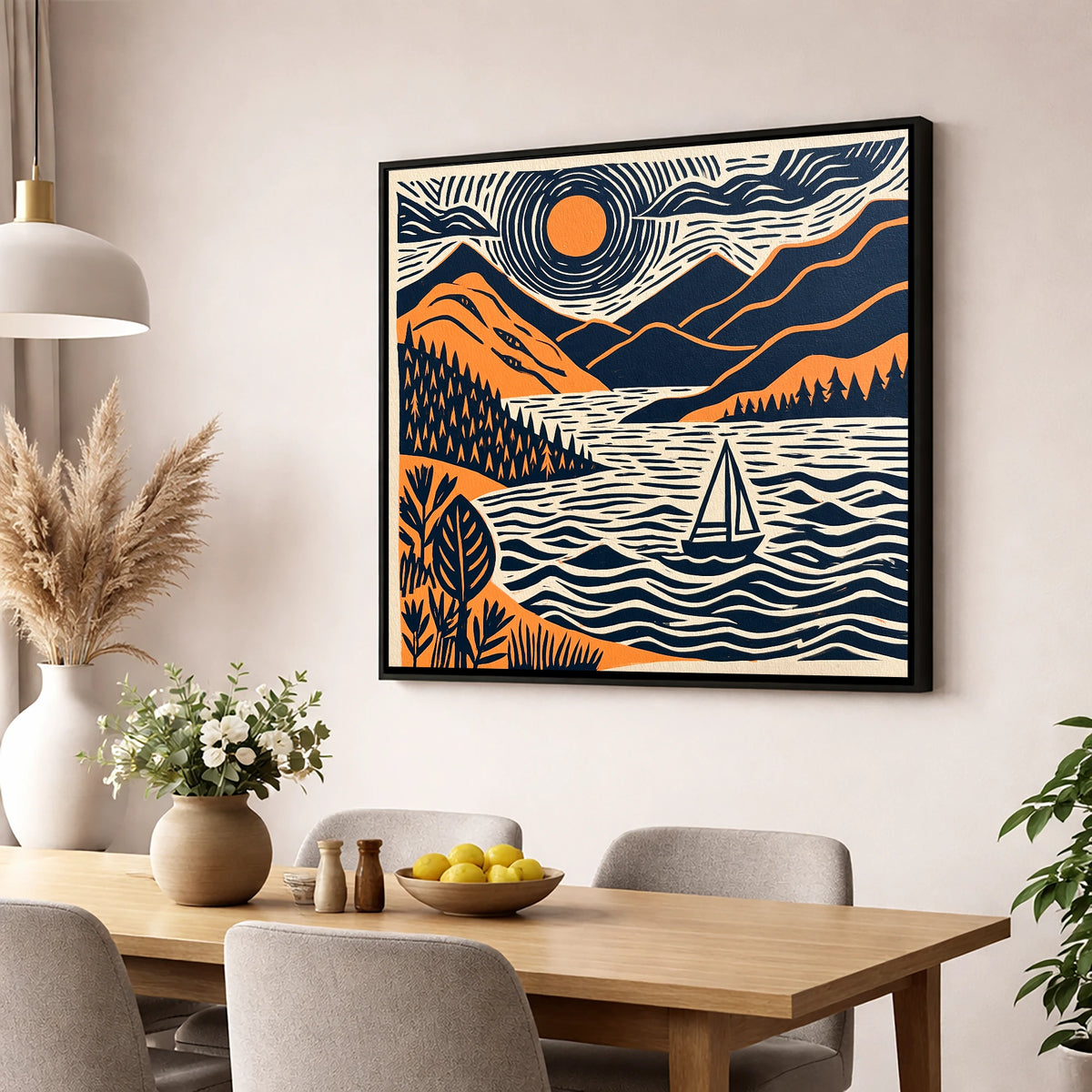 Windermere Sailboat Beneath Radiating Sun lake district lake wall art displayed in a dining room