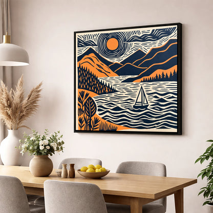 Windermere Sailboat Beneath Radiating Sun lake district lake wall art displayed in a dining room