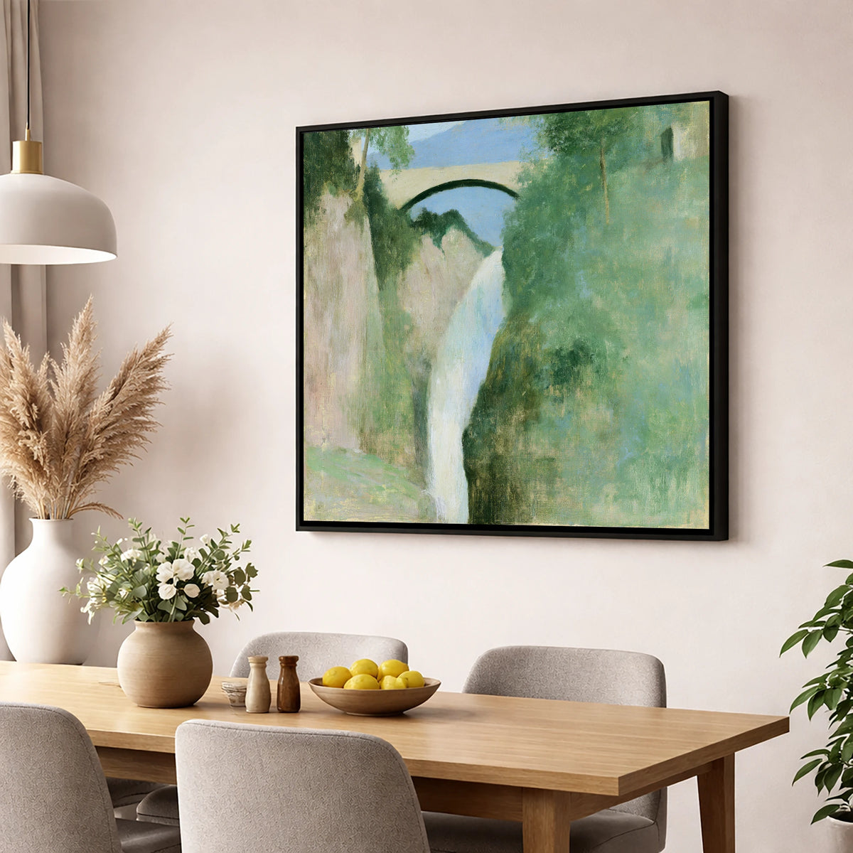 Stone Bridge Over Aira Force lake district waterfall wall art displayed in a dining room