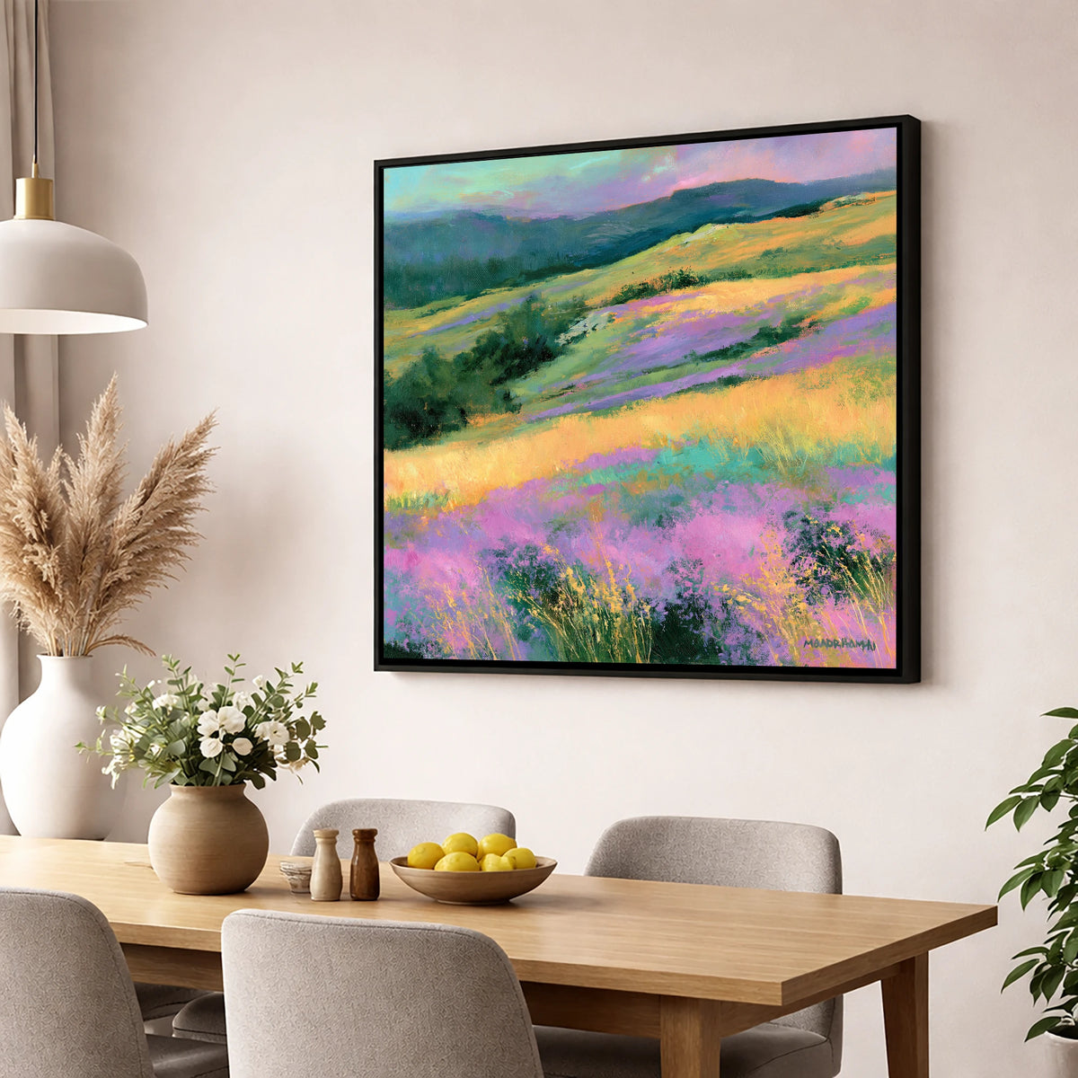 Vibrant Heather on the Fellside flowers & fellsides wall art displayed in a dining room