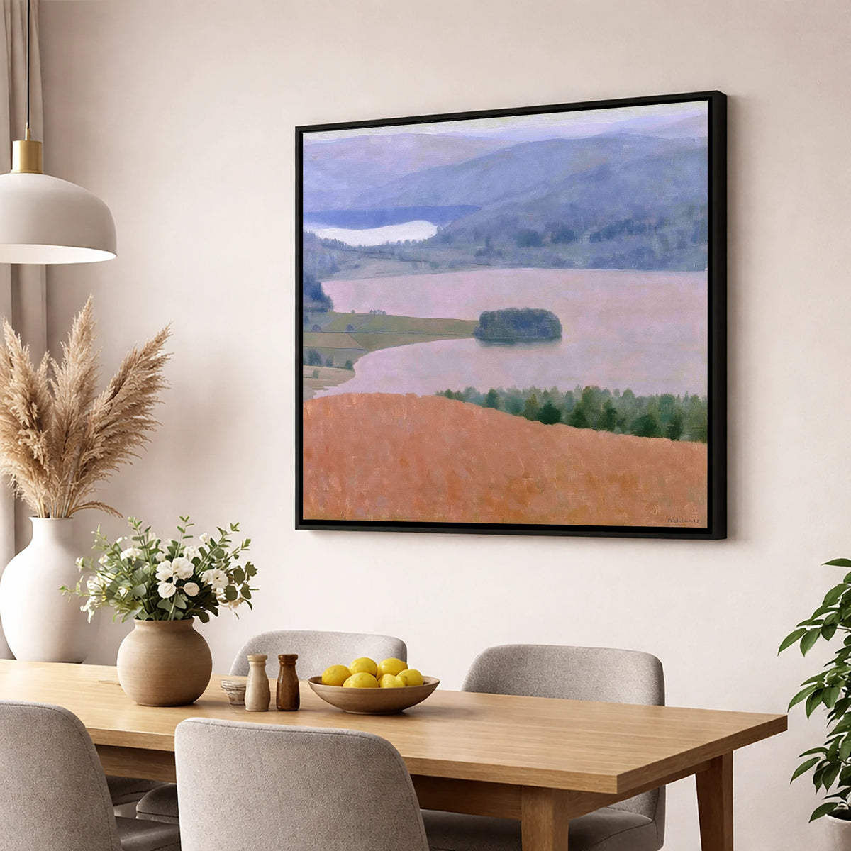 Grasmere Lake in Dusky Pink lake district lake wall art displayed in a dining room