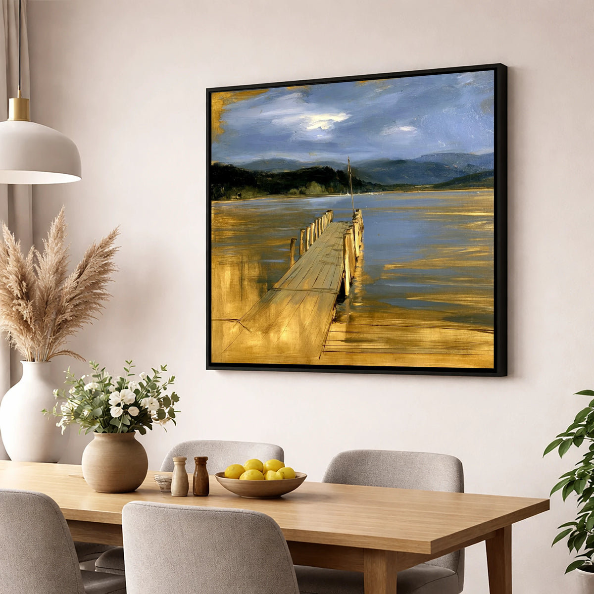 Waterhead Jetty Under Slate Skies lake district village wall art displayed in a dining room