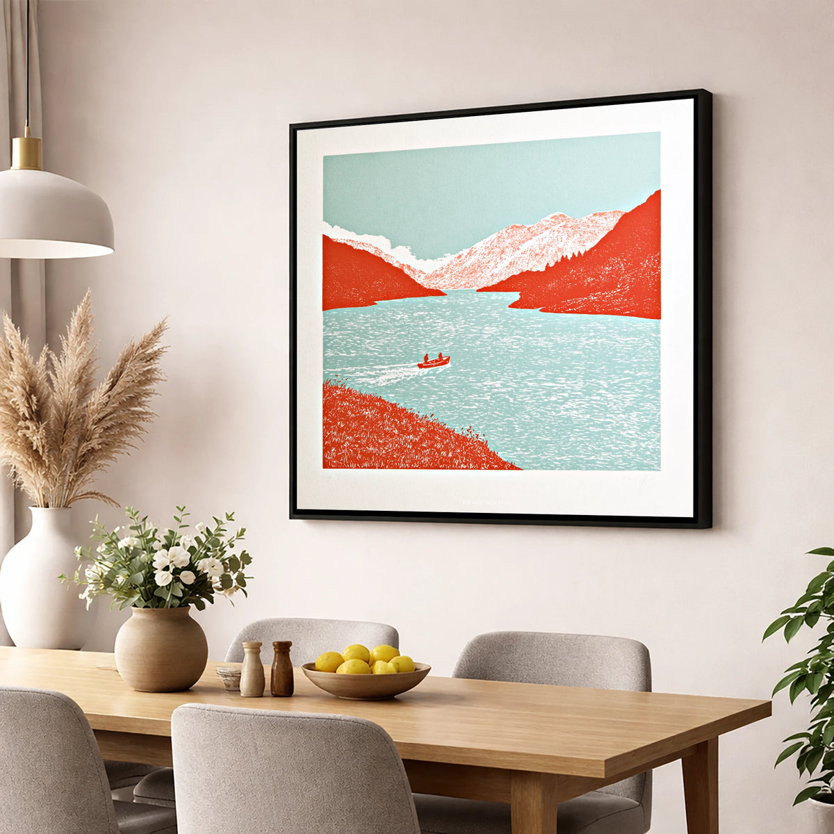 Coniston Water in Vivid Red lake district lake wall art displayed in a dining room