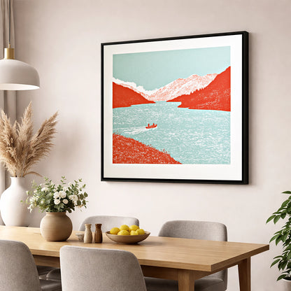 Coniston Water in Vivid Red lake district lake wall art displayed in a dining room