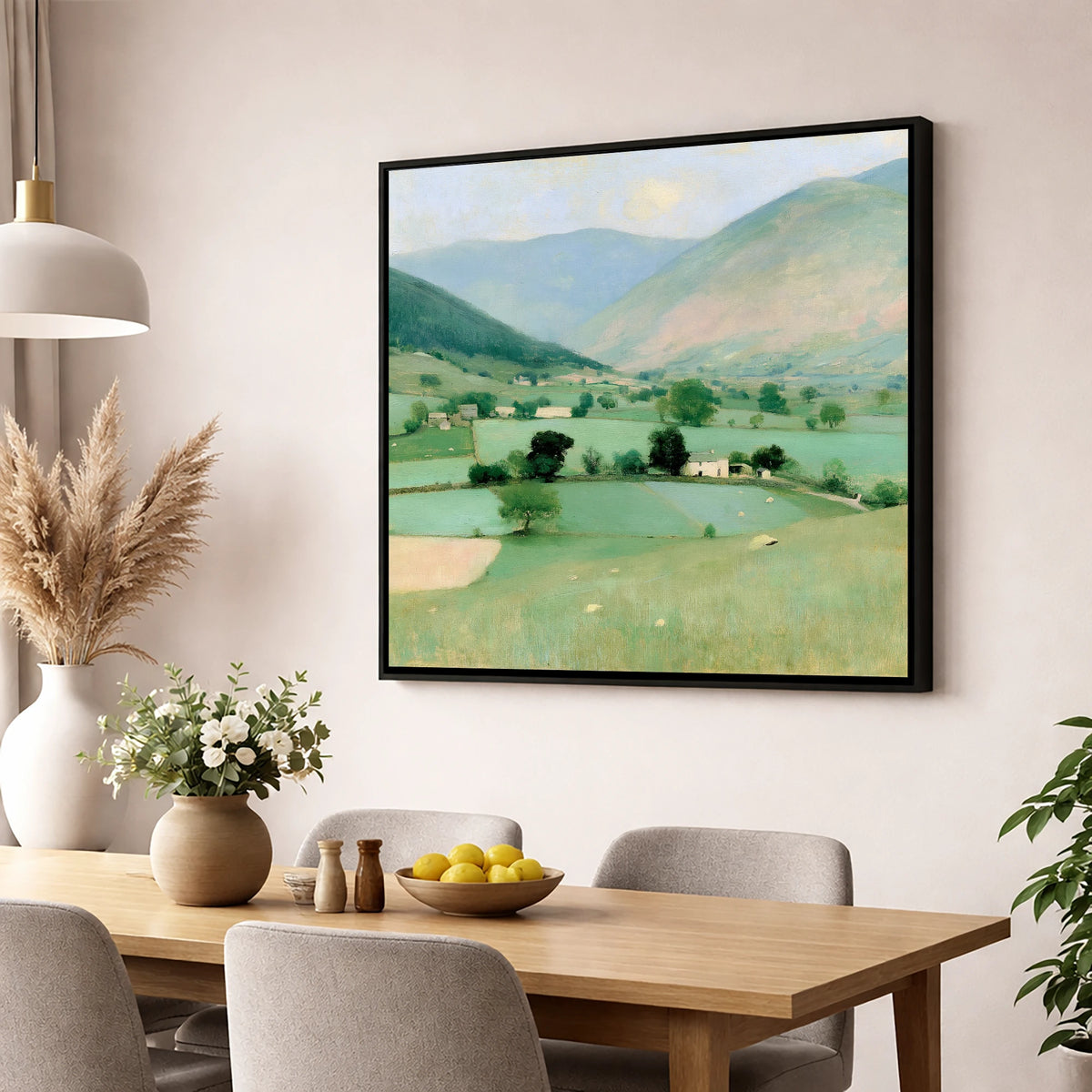 Patchwork Fields Beneath Hazy Fells lake district valley wall art displayed in a dining room